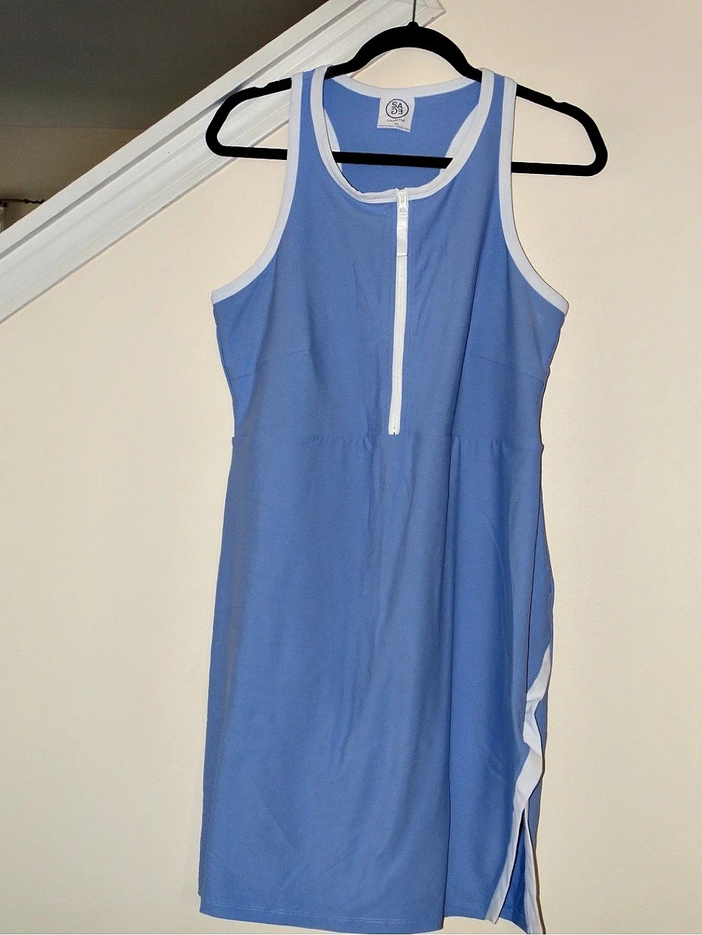 Sage Blue & White Zip Front Mini Dress